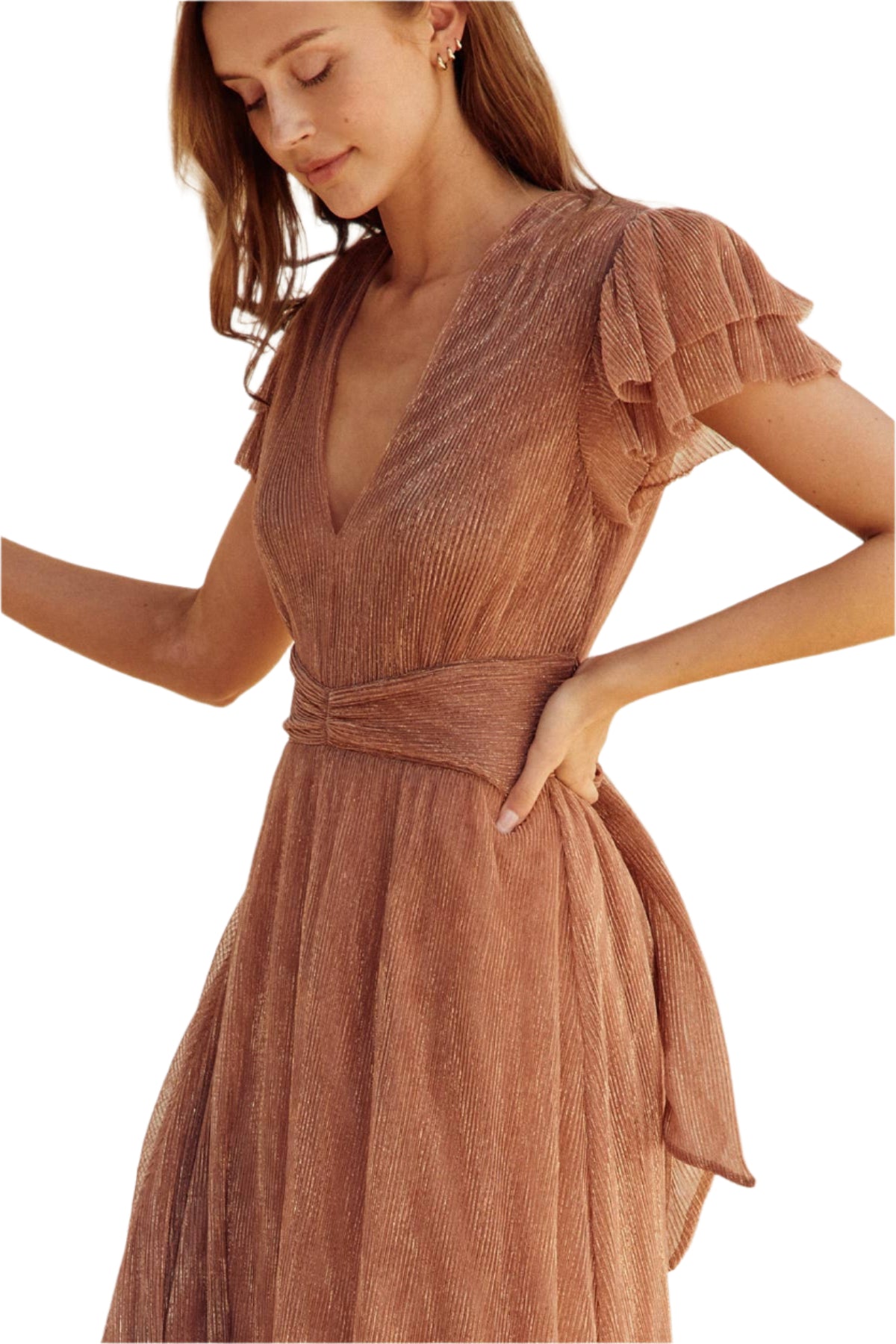 Pleats And Thank You Flutter Sleeve Maxi Dress – Up Close – Ella Where She Shops