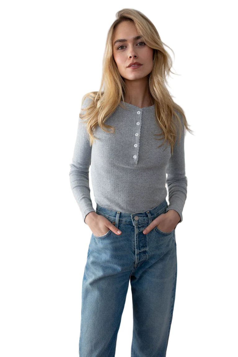 Pointelle Long Sleeve Henley - Gray Front - Ella Where She Shops