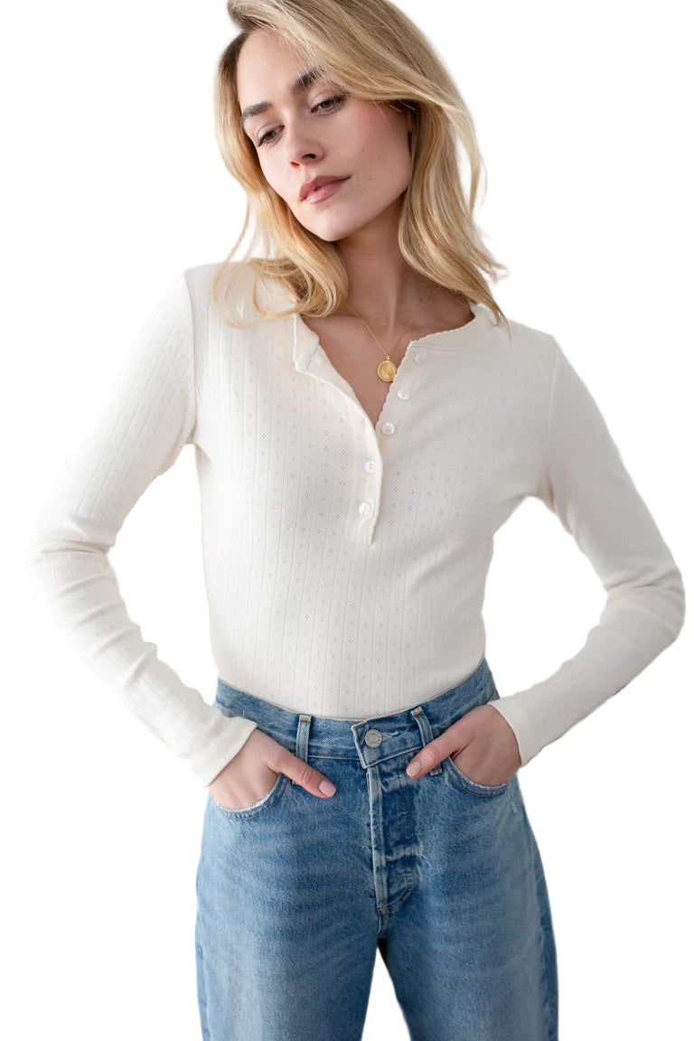 Pointelle Long Sleeve Henley - Ivory Front - Ella Where She Shops