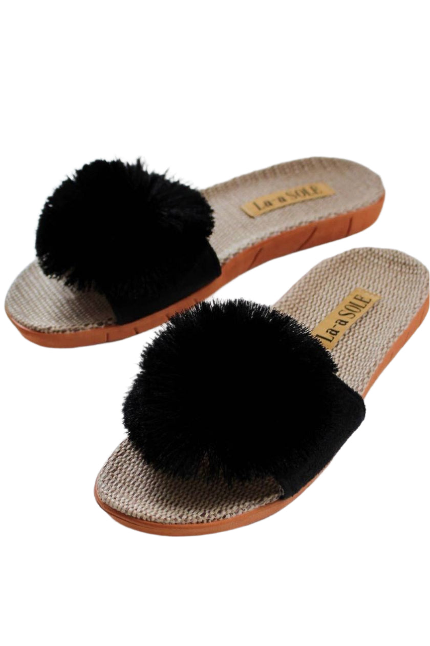 Pom Pom Slides – Black Front – Ella Where She Shops