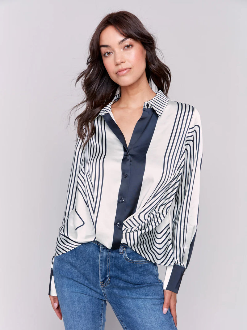 Printed Satin Shirt with Front Twist Detail