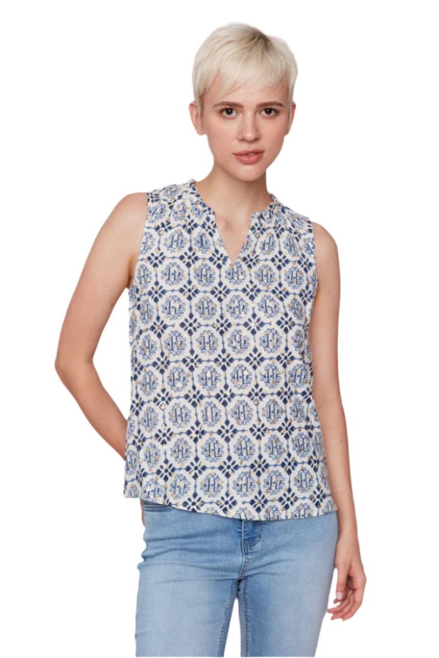 Printed Sleeveless Ruffle Neck Top - Ornament - Front - Ella Where She Shops