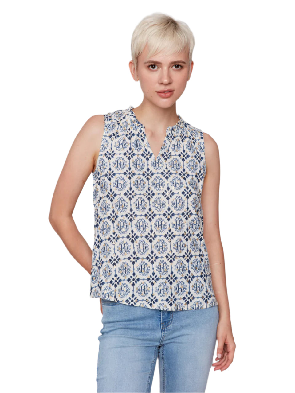 Printed Sleeveless Ruffle Neck Top - Ornament Ella where she shops