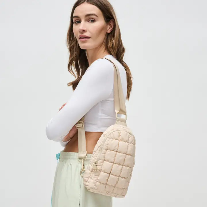 Quilted Puffer Nylon Sling Backpack cream Ella where she shops