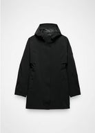 A black hooded jacket with a relaxed silhouette, displayed flat against a light gray background.