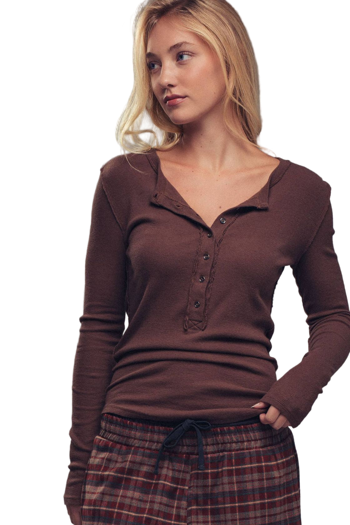 Ribbed Henley Long Sleeve Top Brown ella where she shops