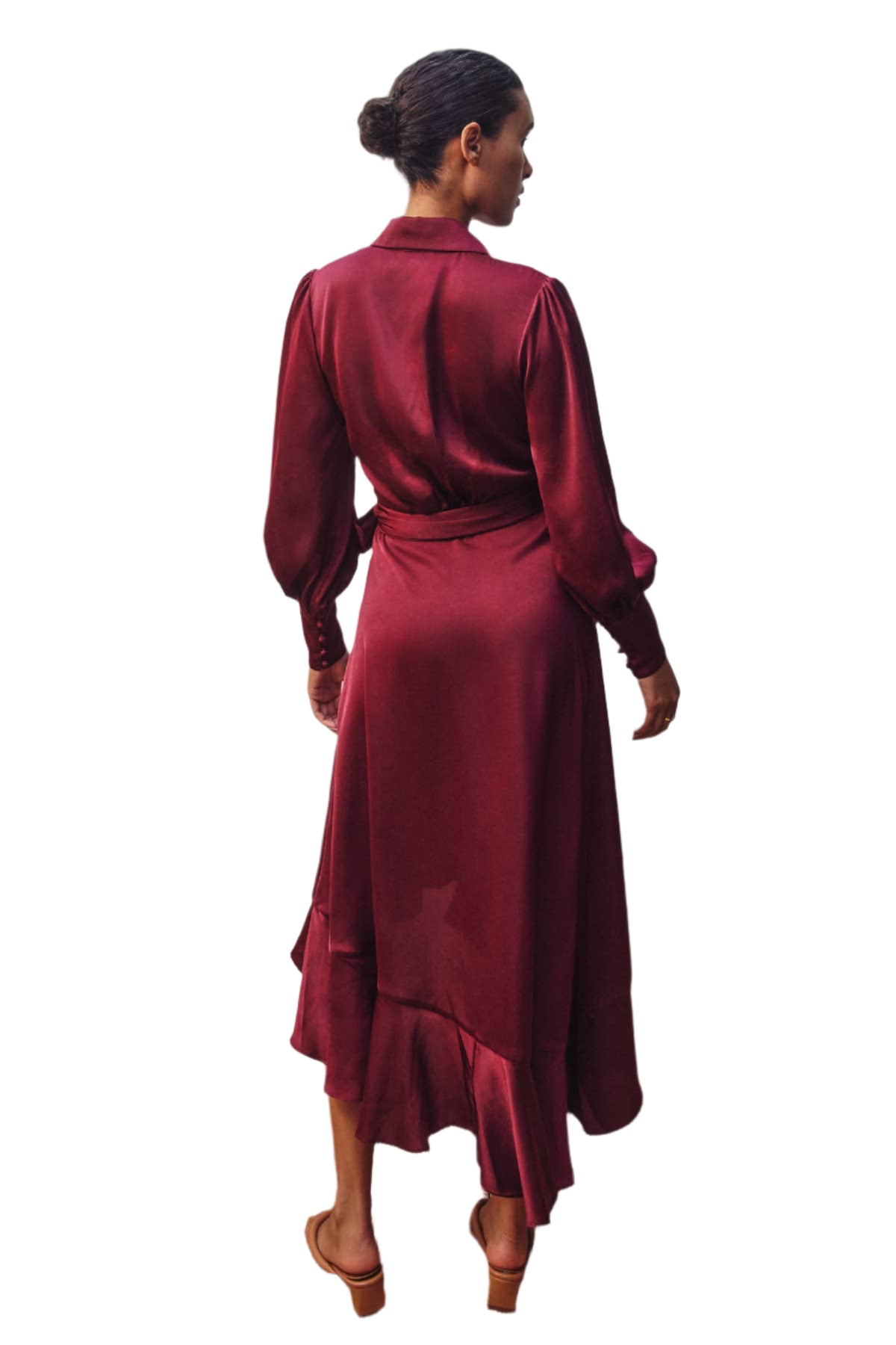 Satin Ruffled Midi Wrap Dress – Back – Ella Where She Shops