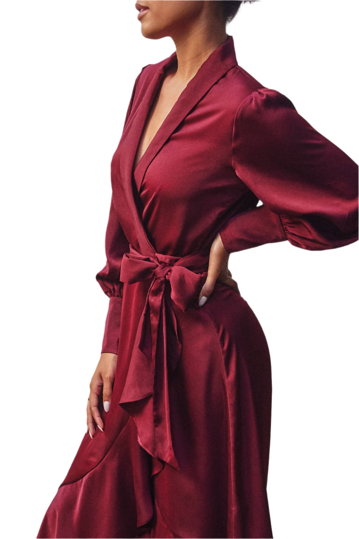Satin Ruffled Midi Wrap Dress – Up Close – Ella Where She Shops