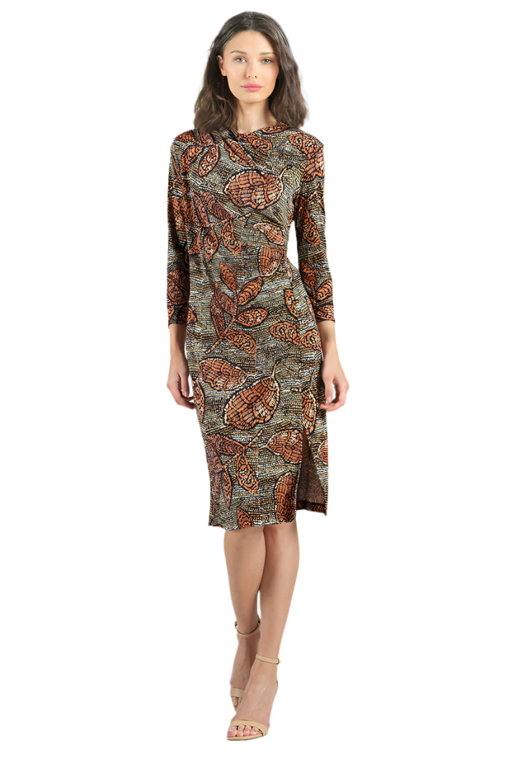 Side Slit 3/4 Sleeve Midi Dress – Mosaic Leaves – Front – Ella Where She Shops