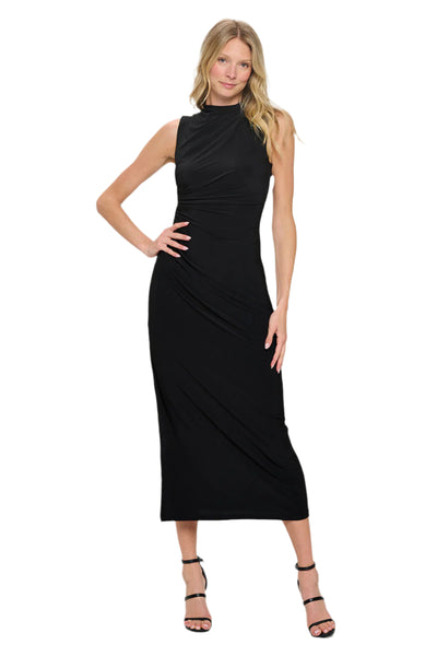 knee length dresses for ladies Black V Neck Zipper Front Smocked Waist Midi Dress *FINAL SALE* – SSYS