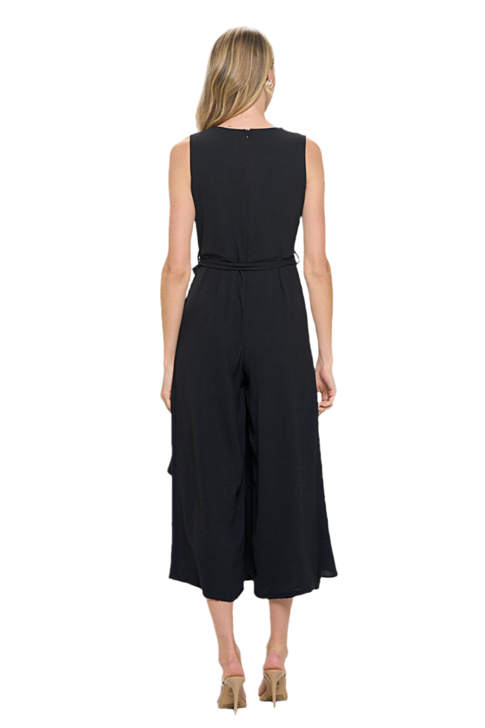 Sleeveless Surplice Woven Jumpsuit W/ Side Drape And Tie Waist - Back - Ella Where She Shops