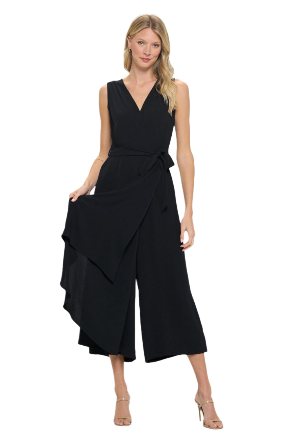 Sleeveless Surplice Woven Jumpsuit W/ Side Drape And Tie Waist - Front - Ella Where She Shops