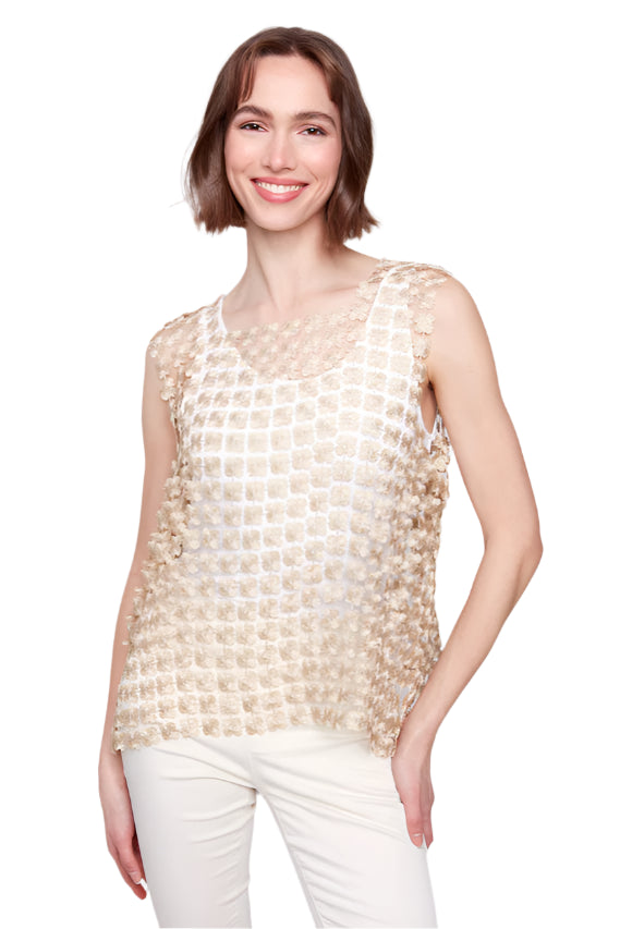 Sleeveless Textured Crochet Flower Top - Gold Front - Ella Where She Shops