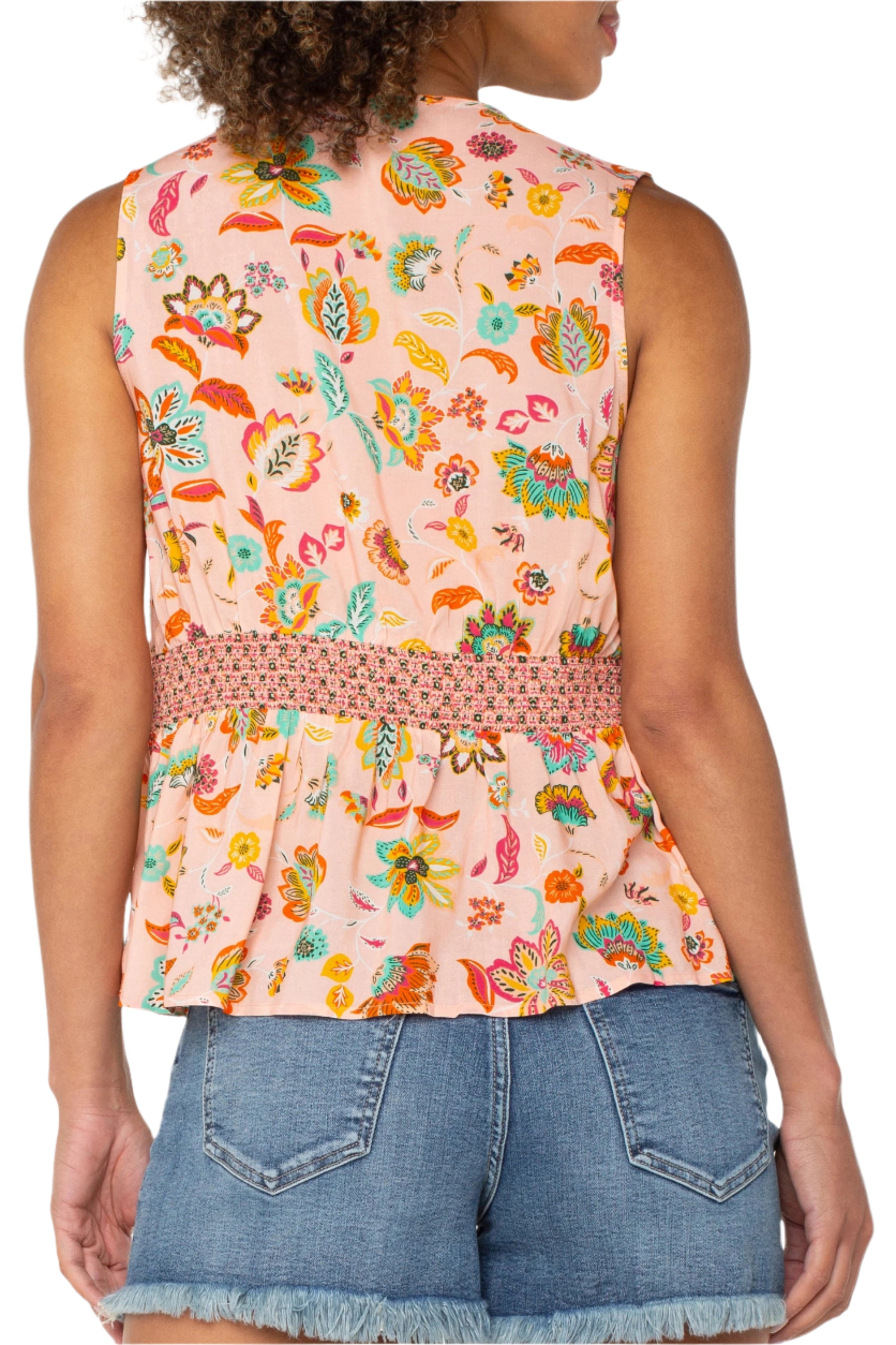 Sleeveless Woven Top With Smocked Waist - Back - Ella Where She Shops