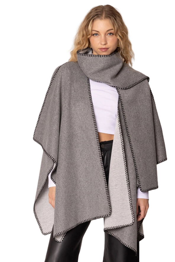 Stitched Edge Scarf Ruana Wrap Poncho Light Gray ella where she shops