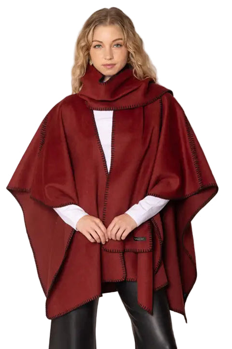 Stitched Edge Scarf Ruana Wrap Poncho burgandy ella where she shops
