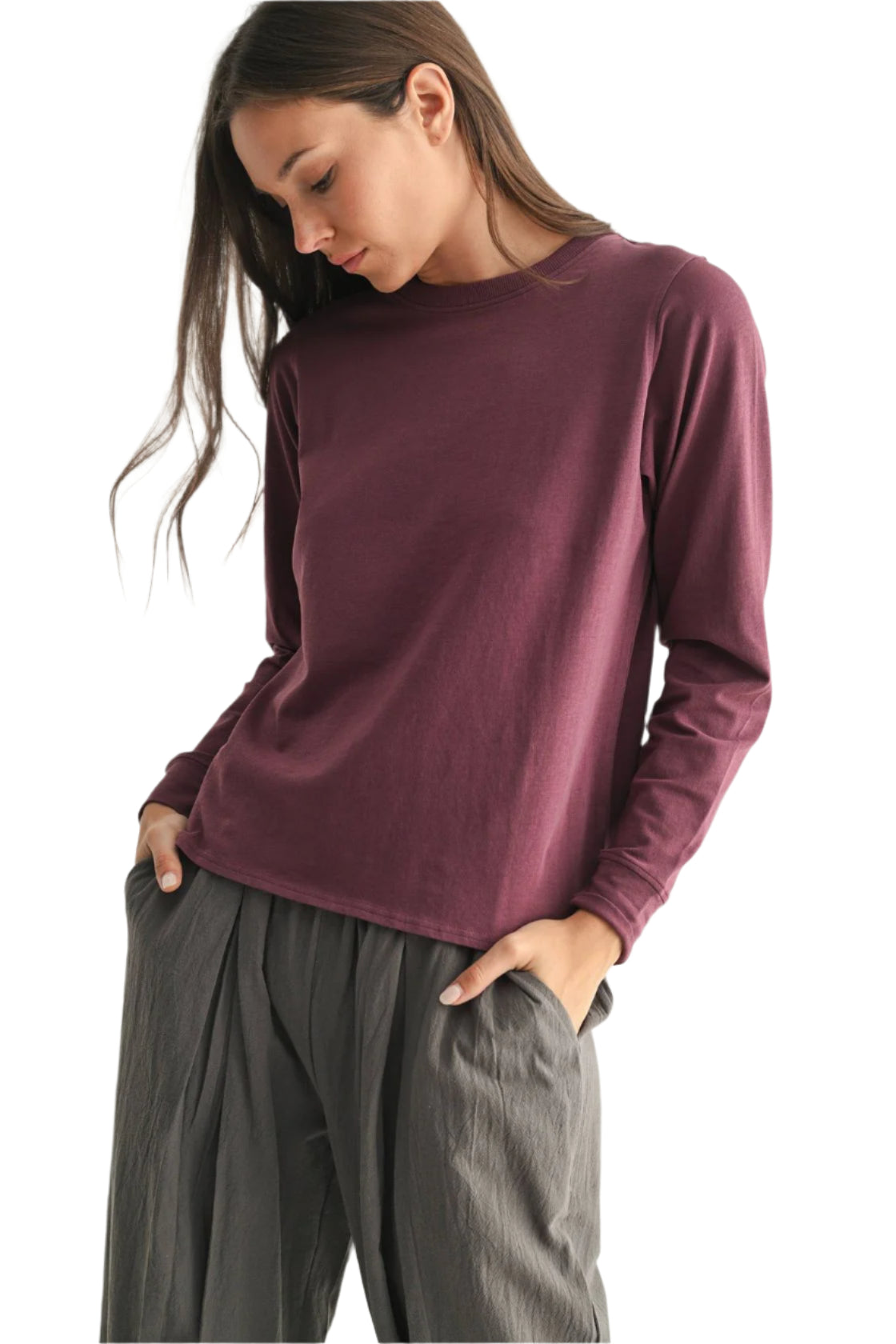 Stonewash Pima Cotton Long Sleeve – Dark Plum Front – Ella Where She Shops
