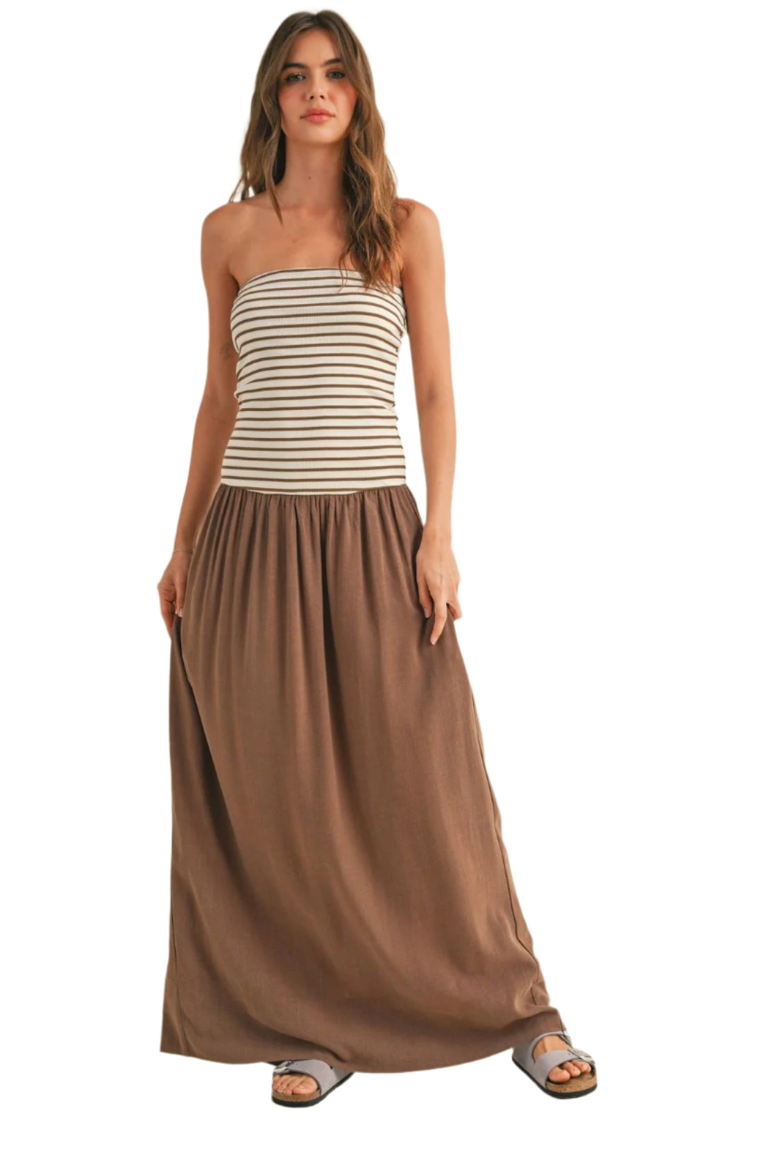 Stripe Ribbed Top w/ Linen Dress – Front – Ella Where She Shop