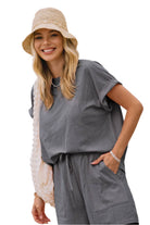 Striped French Terry Top and Shorts Set – Black – Front - Ella Where She Shops