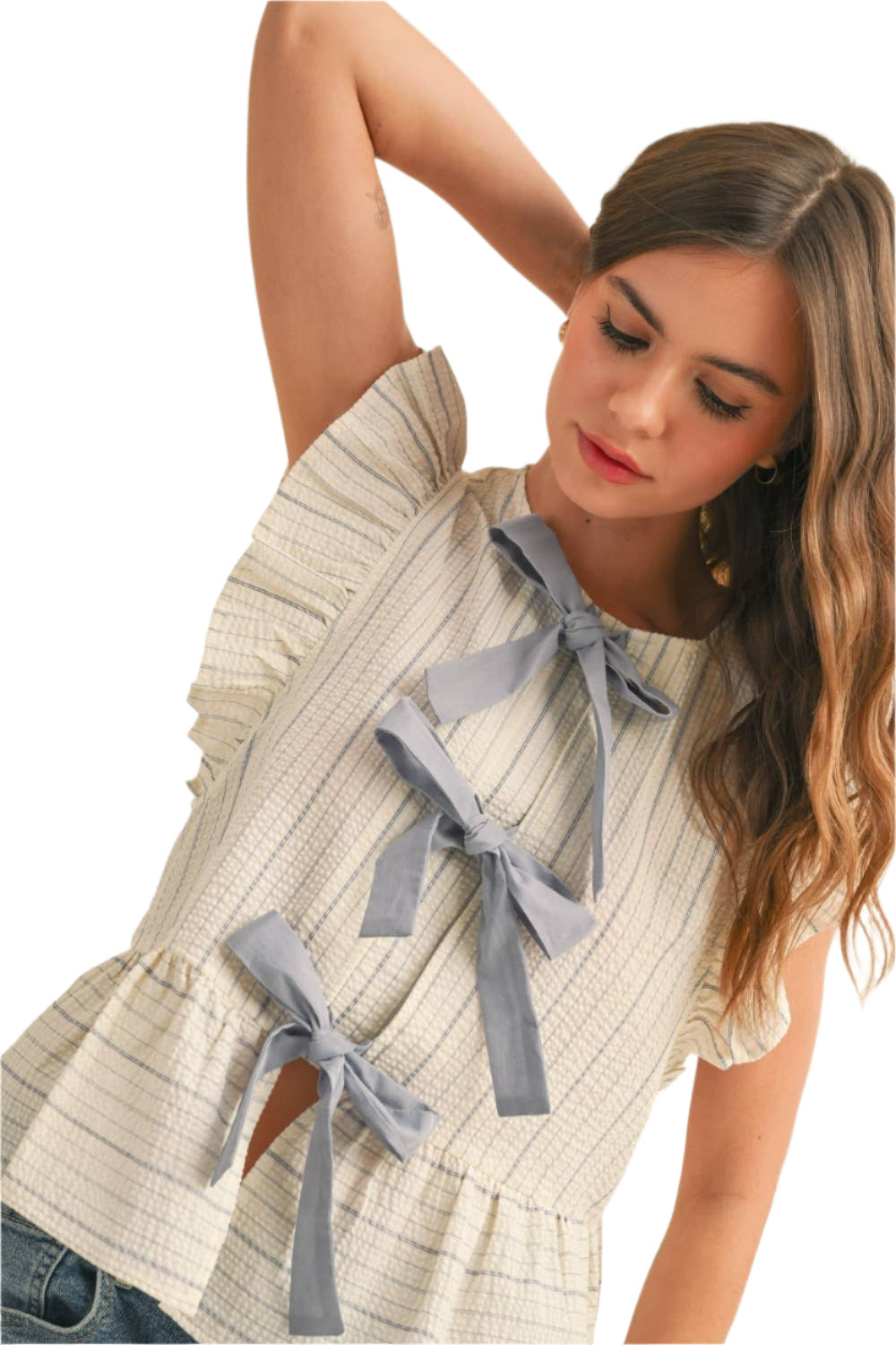 Striped w/ Tie Front Ruffle Blouse – Front – Ella Where She Shops