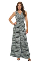 Surplice Jumpsuit With Tie Waist Black and Silver - Ella Where She Shops