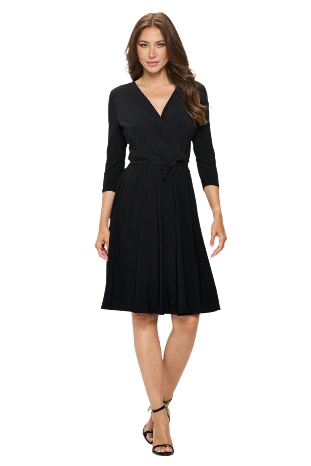 Surplice V-Neck ¾ Sleeves Tie Waist Flowy Dress - Black Front - Ella Where She Shops