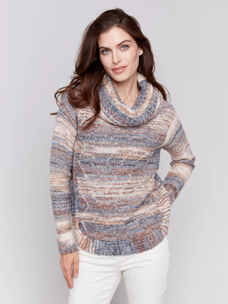 Two-Tone Yarn Color Cowl-Neck Sweater