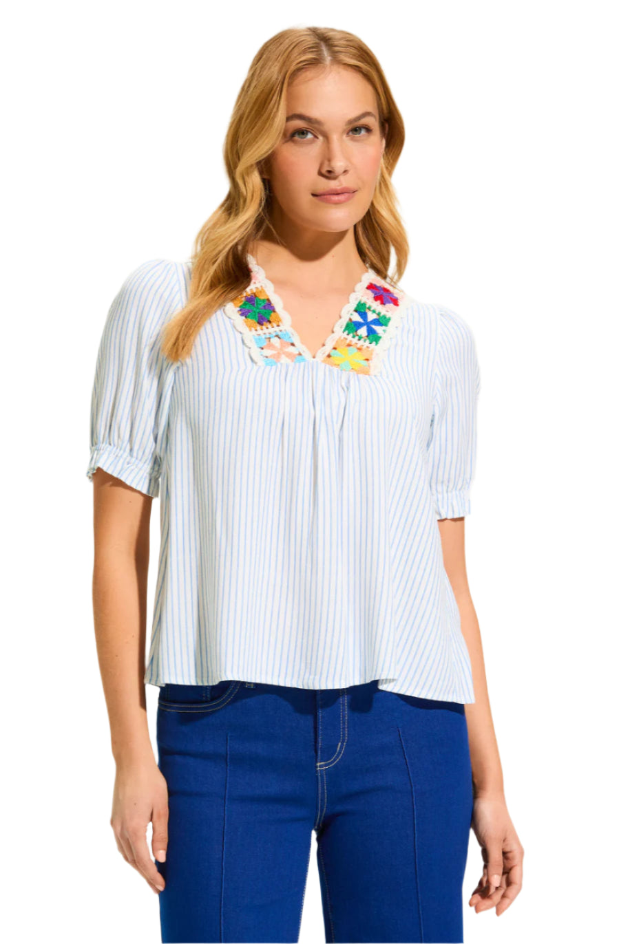 V Neck Crochet Trim Blouse – Front – Ella Where She Shops