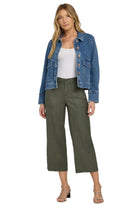 Wide Leg Cargo Capri Pants in Stretch Linen Green Ella Where She Shops