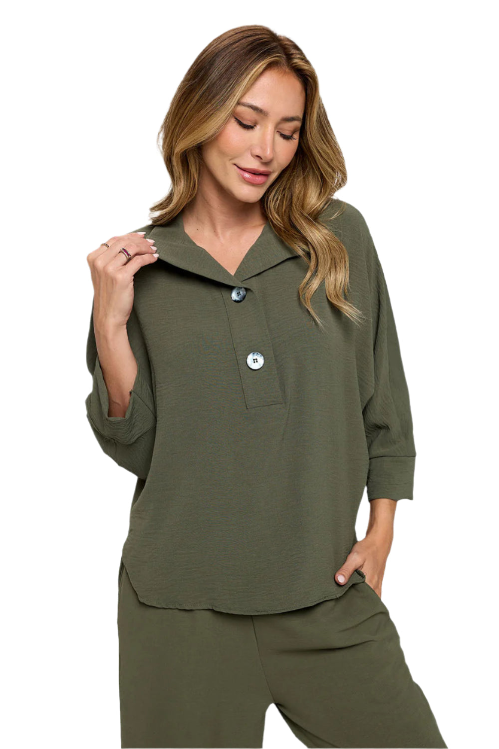 Woven Half Placket Dolman Top - Army Front - Ella Where She Shops