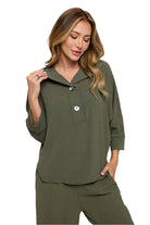 Woven Half Placket Dolman Top - Army Front - Ella Where She Shops