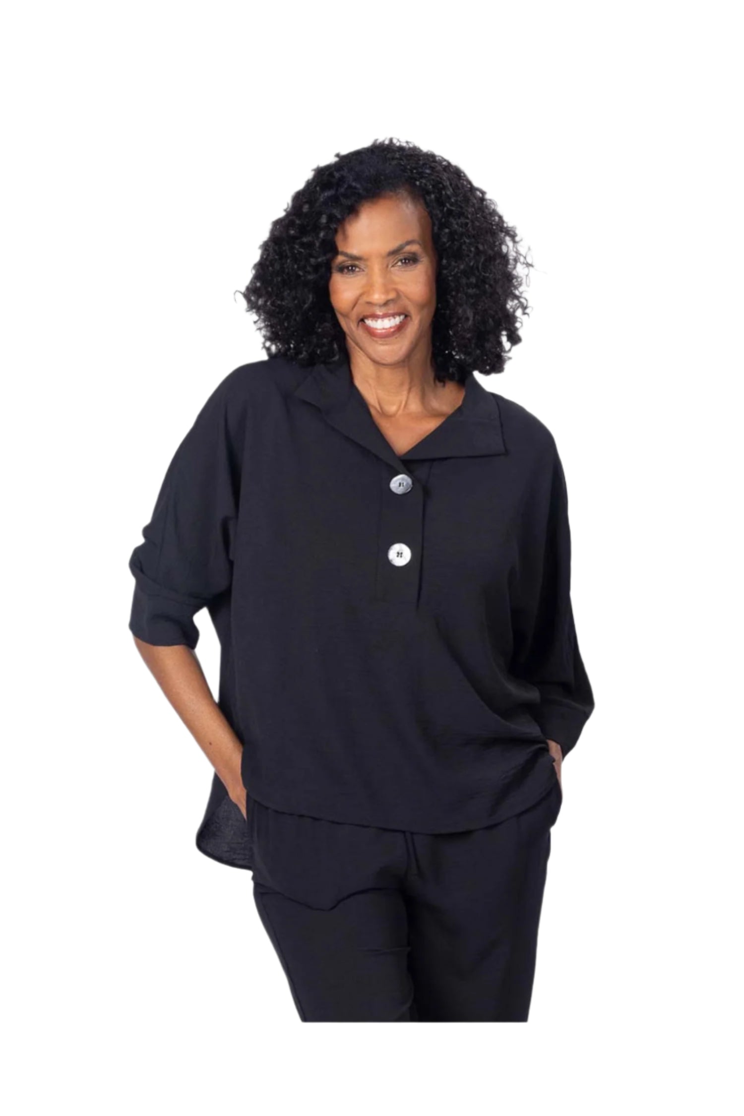 Woven Half Placket Dolman Top - Black Front - Ella Where She Shops