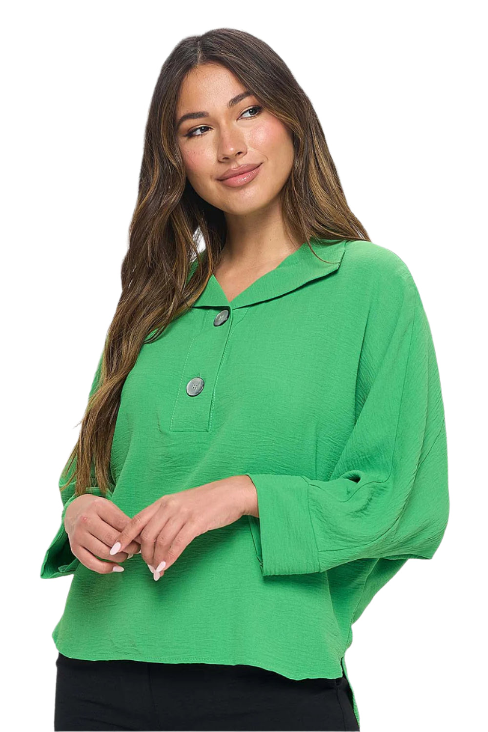 Woven Half Placket Dolman Top - Gucci Green Front - Ella Where She Shops