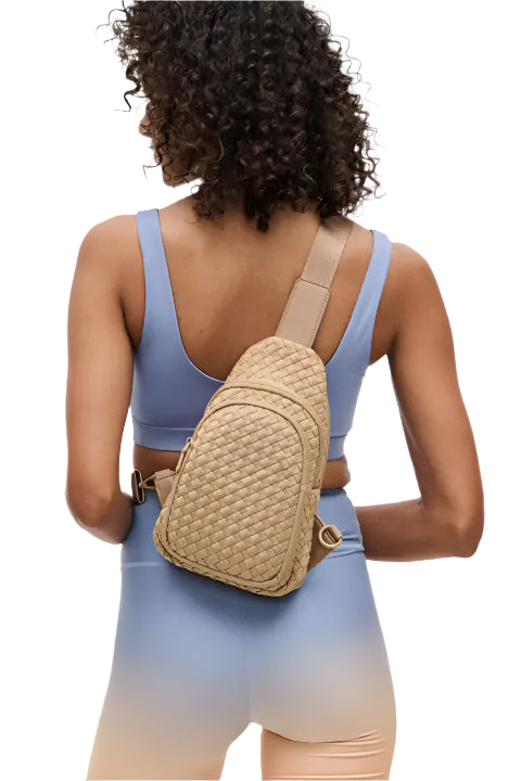 Woven Neoprene Sling Backpack – Nude – Front – Ella Where She Shops
