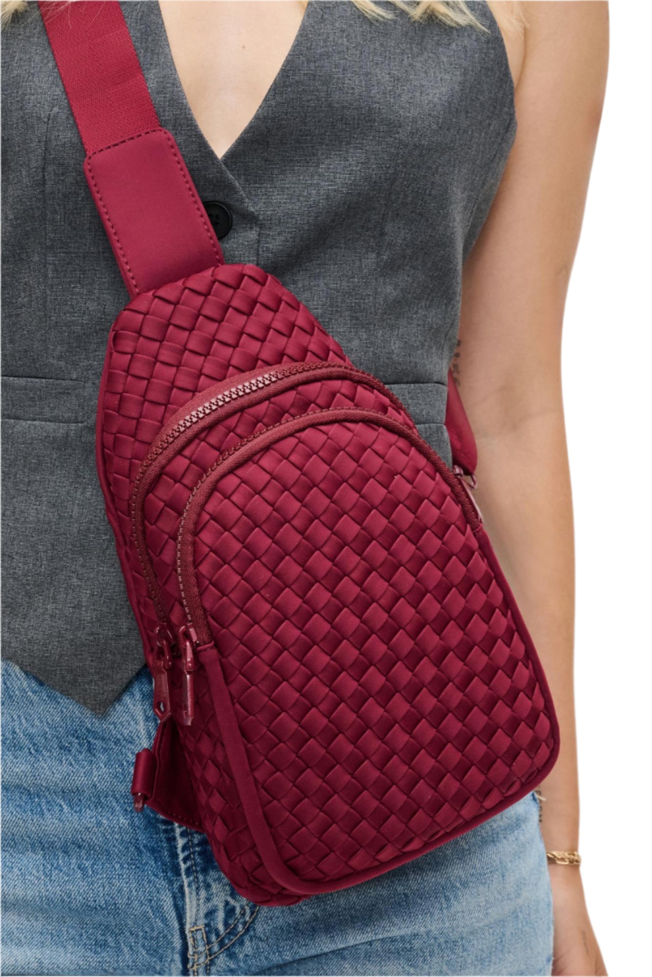 Woven Neoprene Sling Backpack – Wine – Front – Ella Where She Shops