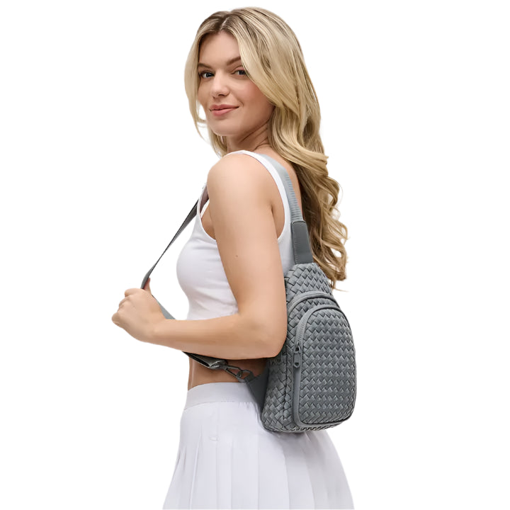 Woven Neoprene Sling Backpack gray Ella where she shops