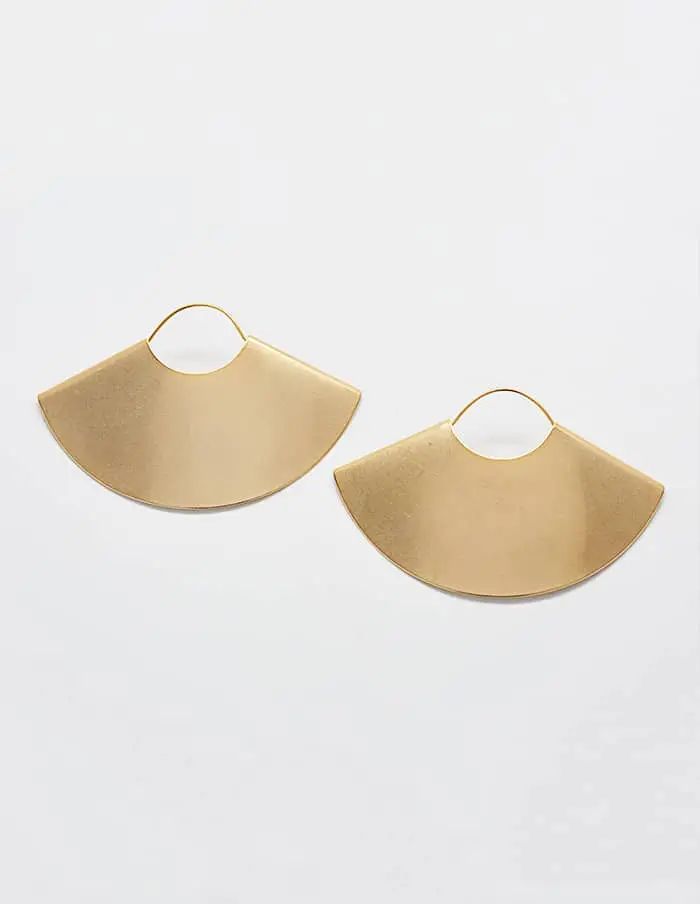 Pair of gold-tone stainless steel fan-shaped earrings on a light background