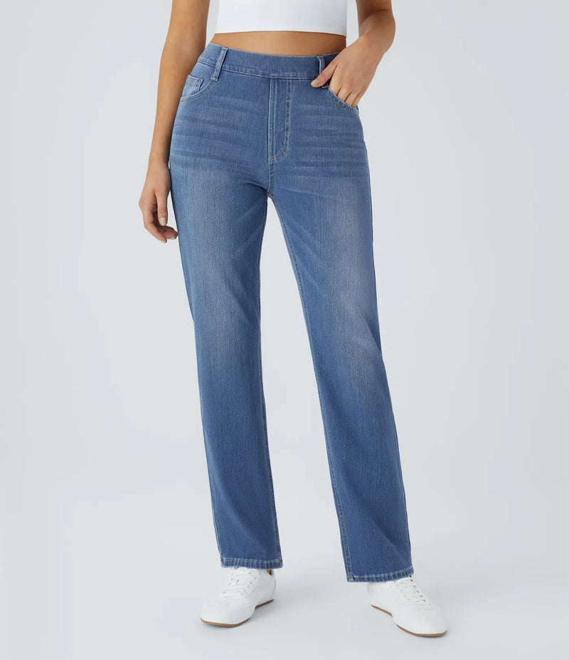 High Waisted Multiple Pockets Straight Leg Jeans