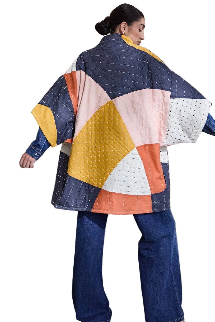 Anchal Project Sunset Cocoon Quilted Jacket in colorful organic cotton patchwork, front view