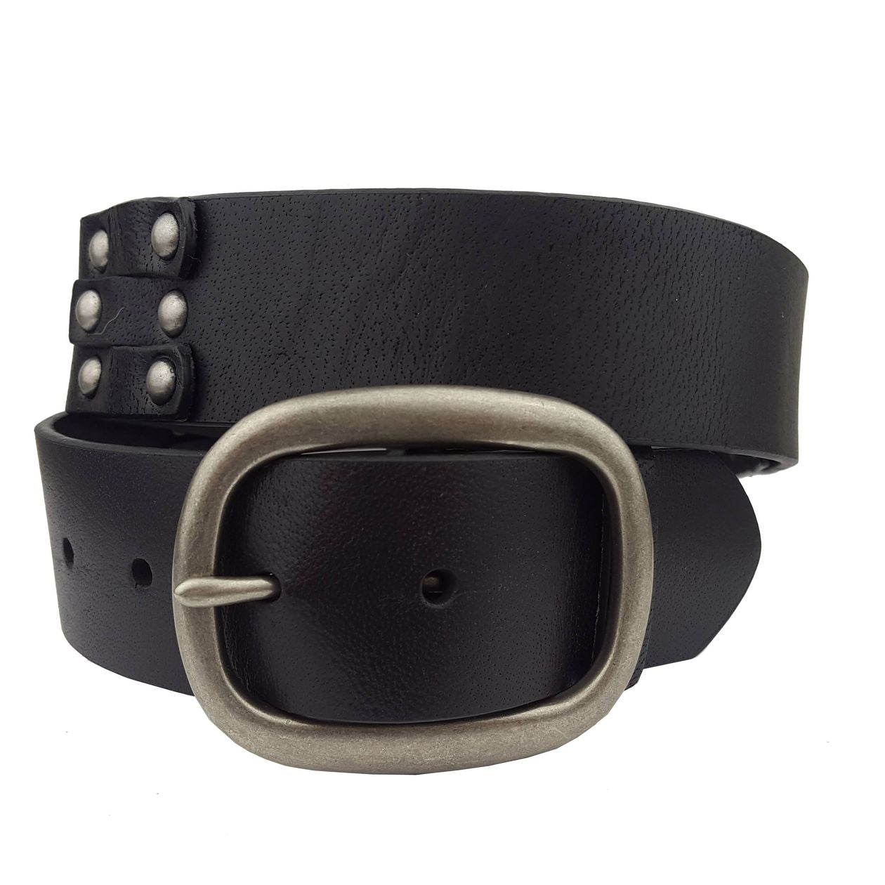 Axesoria West black studded leather belt with a brushed silver-toned oval buckle