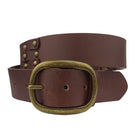 Axesoria West brown studded leather belt with an antique bronze oval buckle