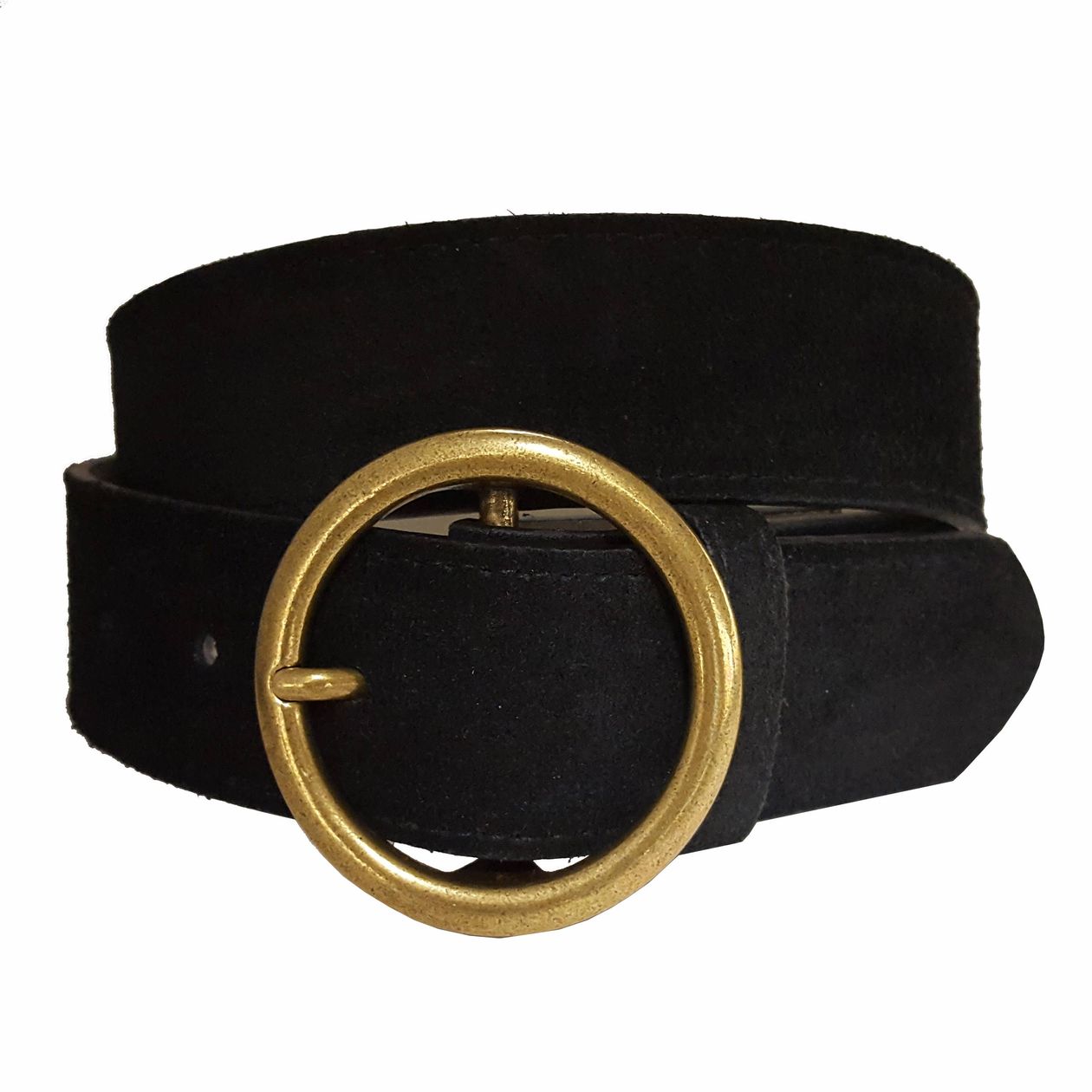 Axesoria West black suede leather belt with a round gold buckle