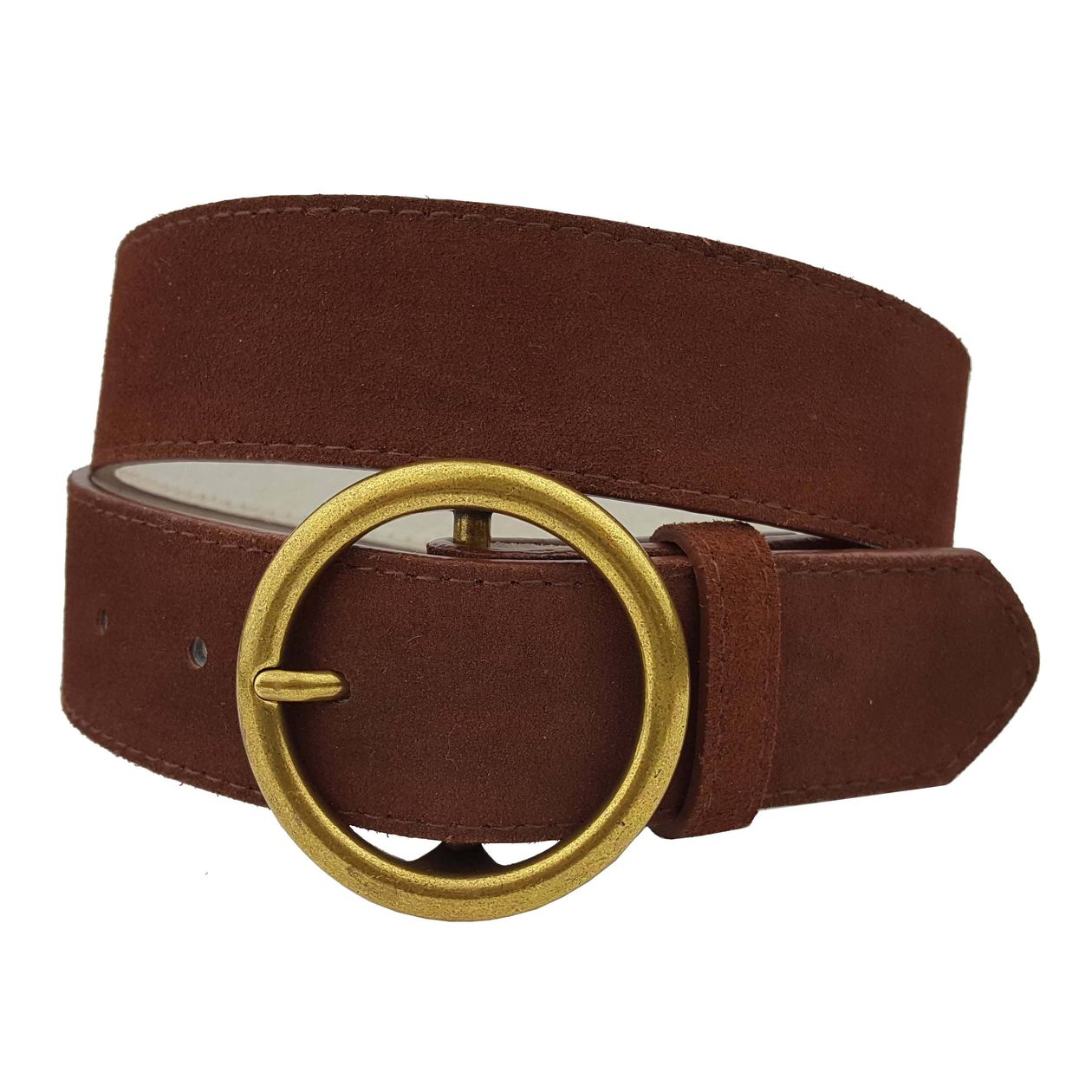 Axesoria West brown suede leather belt with a round gold buckle