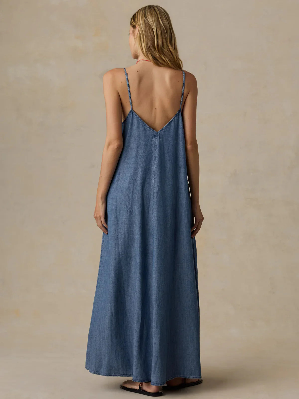 Faherty Brand Tried & True Chambray Slip Dress back view — lightweight chambray midi dress in River Mist Wash for women