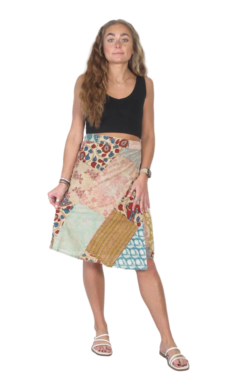 Blue Sky Patchwork 3/4 Length Wrap Skirt with tie waist, front view