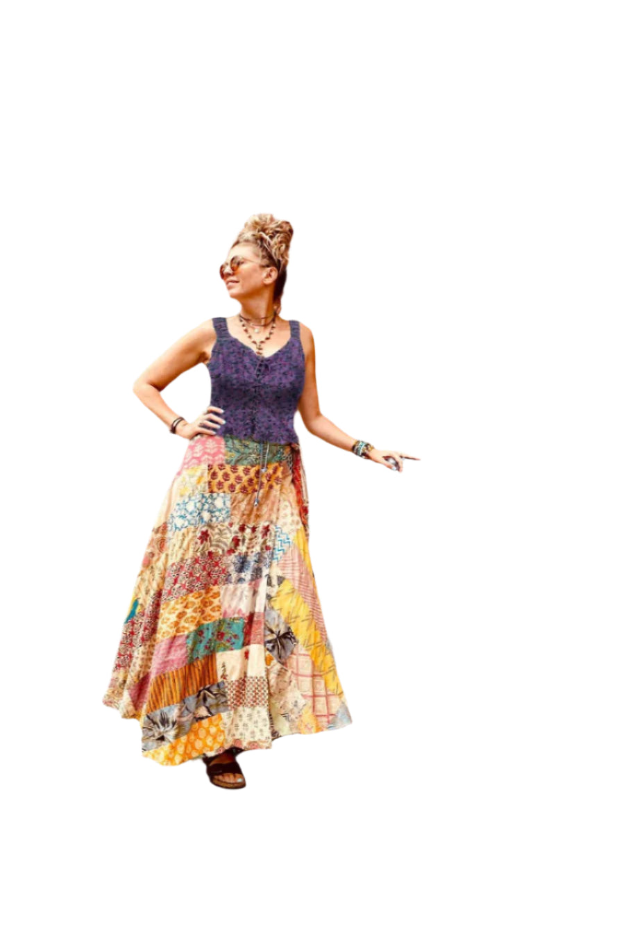Blue Sky Patchwork Wrap Skirt in earthy-toned cotton patchwork, front view