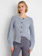 A woman modeling a light blue cable-knit cardigan sweater with a button-up front, paired with gray trousers, against a plain white background.