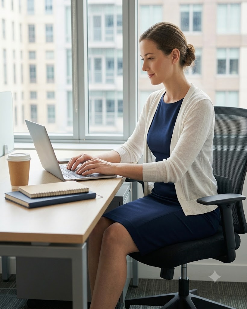 A woman in a navy blue dress and white cardigan sits in a black office chair at a wooden desk, typing on a laptop. A coffee cup, notebook, and pen are on the desk, with large windows and city buildings visible in the background.