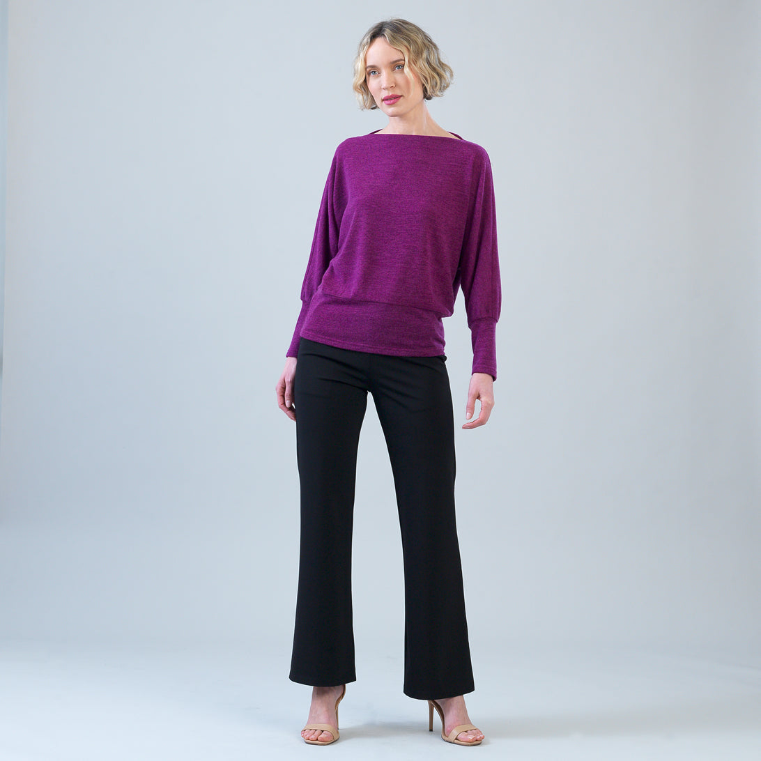 Clara Sunwoo heathered boat neck blouson sweater in magenta, front view