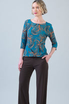 Clara Sunwoo Fall Leaves Scoop Neck Top in teal print, front close-up view